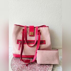 Dooney & Bourke Red Canvas Tote with Red Leather Trim With Pouch Set